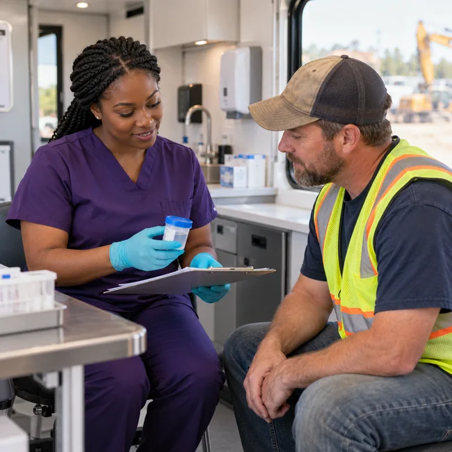 Mobile drug screening collector reviewing a specimen and paperwork with a worker
