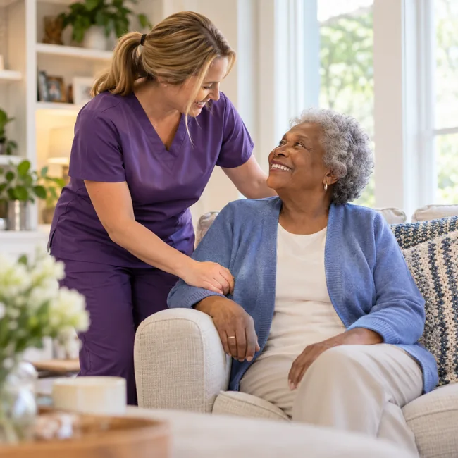 Caregiver providing compassionate companionship to an older adult at home