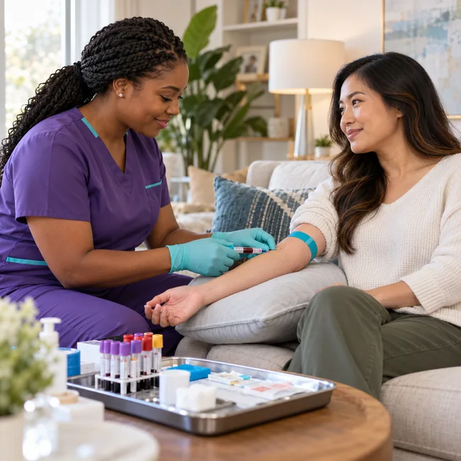 Phlebotomist collecting a blood sample during a home visit